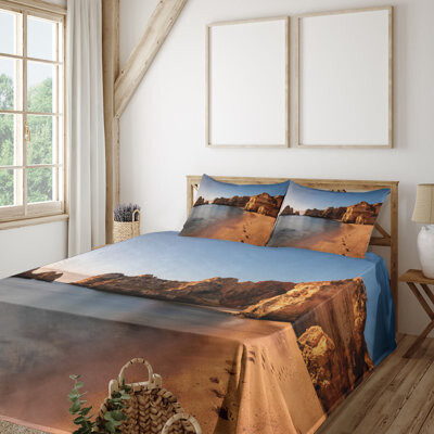 Ambesonne Landscape Sheet Set Beach with Tracks Scenery Dark Ceil Blue and Amber