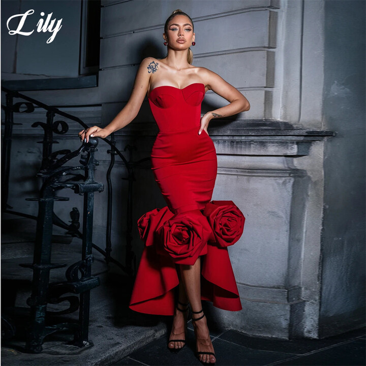 FANG CAICAI Lily Glamorous Red Satin Evening Dresses Strapless Sleeveless robe de soirée with 3D Rose - Embellished Mermaid Dress Customized