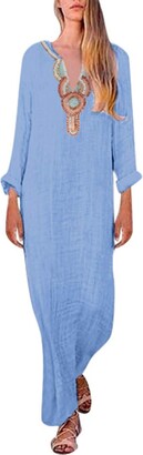 NEEDRA SALES Dresses Womens Printed Long Sleeve V-Neck Maxi Dress Split Hem Baggy Kaftan Long Dress Blue
