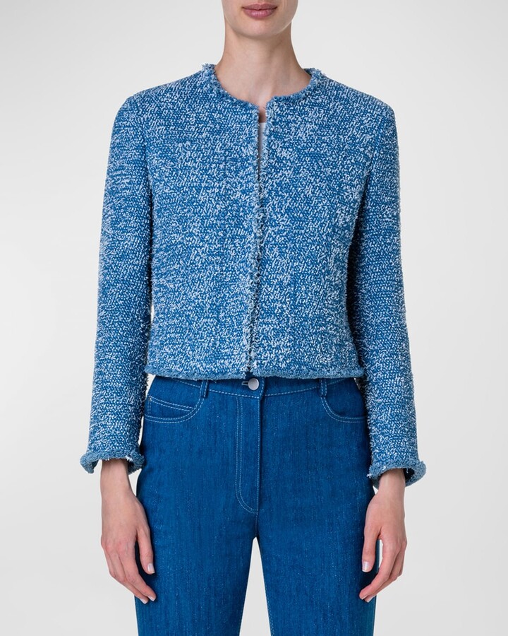 Pastel Blue Tweed & Multicolor Appliqué Collarless Jacket