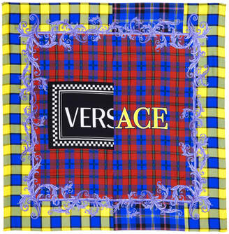 Versace Multicolor Silk Plaid Logo Scarf