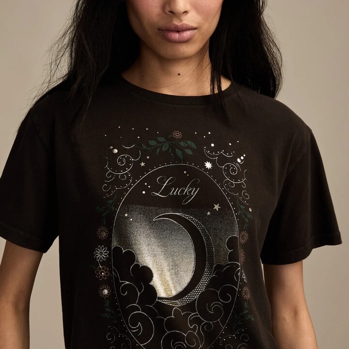 Lucky Brand Lucky Moon Boyfriend Tee - Women's Clothing Tops Shirts Tee Graphic T Shirts in Espresso