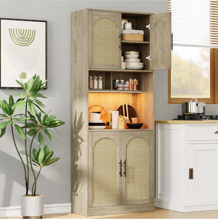 gaomon Tall Pantry Cabinet with Countertop Kitchen Cabinets with Led Light Strip & Microwave Shelf