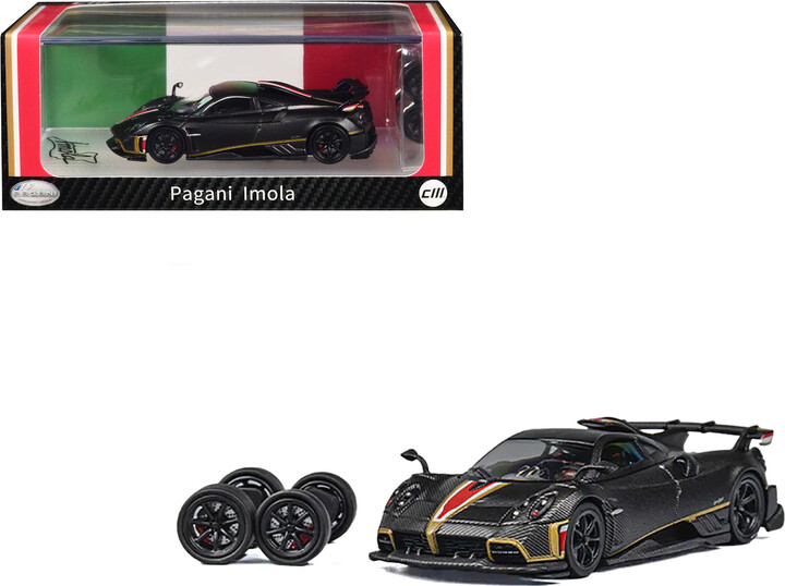 CM Models Pagani Imola Black Carbon with Red and Gold Stripes with Extra Wheels 1/64 Diecast Model Car by CM Model