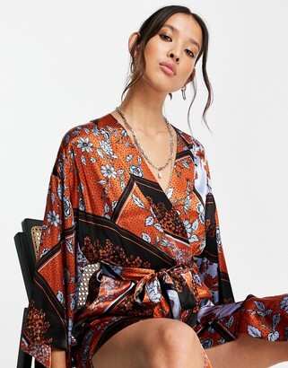 Topshop premium satin kimono dress in patchwork - ShopStyle