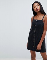 Thumbnail for your product : ASOS DESIGN DESIGN denim button through slip dress in black with tortoiseshell buttons