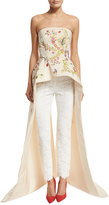 Thumbnail for your product : Monique Lhuillier Strapless Embroidered Peplum Top w/ Train, Cream/Multi