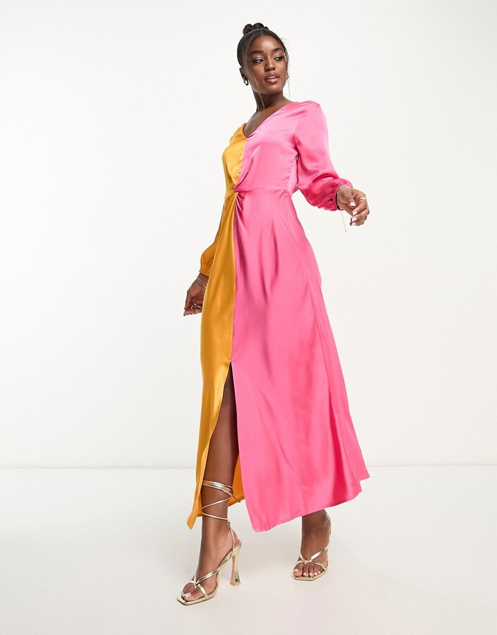 Topshop asymmetric seam midi dress in color block orange and pink