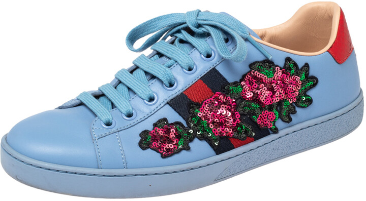 Gucci Blue Leather Floral Sequence Ace Sneakers Size 37.5 - ShopStyle