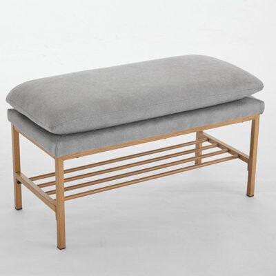 End of Bed Bench with Shelf, Linen Upholstered Storage Shoe Bench, Modern Bedroom Bench with Metal Legs for Living Room, Entryway, Dining Room, 300 LB