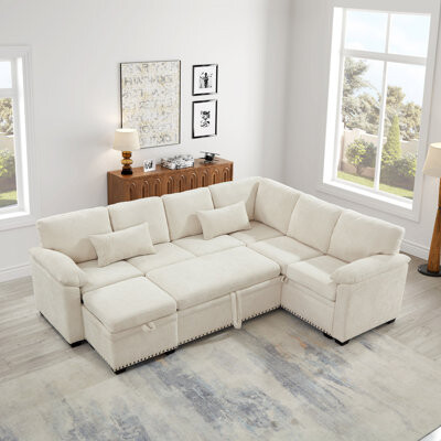 Latitude Run L-Shaped Corner Sectional Sofa Couch With Seat And Storage Ottoman,Chenille Fabric Corner Couch With 7 Seats & 2 Pillows For Living Room
