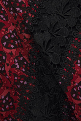 Anna Sui Paneled guipure lace and floral-print crepe de chine dress