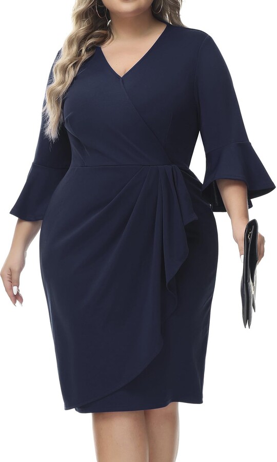 Hanna Nikole Large Size Dresses for Women UK Elegant 3/4 Bell Sleeve