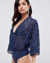 Thumbnail for your product : ASOS Design DESIGN body in sequin embellishment with plunge wrap and kimono sleeve