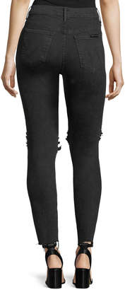 Mother Super Stunner Ankle Fray Skinny Jeans w/ Lace Rip Knees