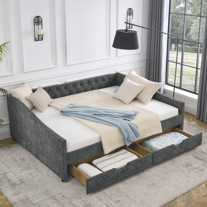 Joliwing Upholstered Queen Daybed with Two Storage Drawers,Queen Size