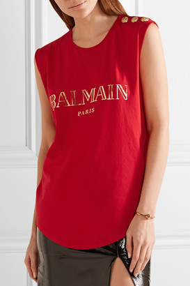 Balmain Button-embellished Printed Cotton-jersey Top - Red