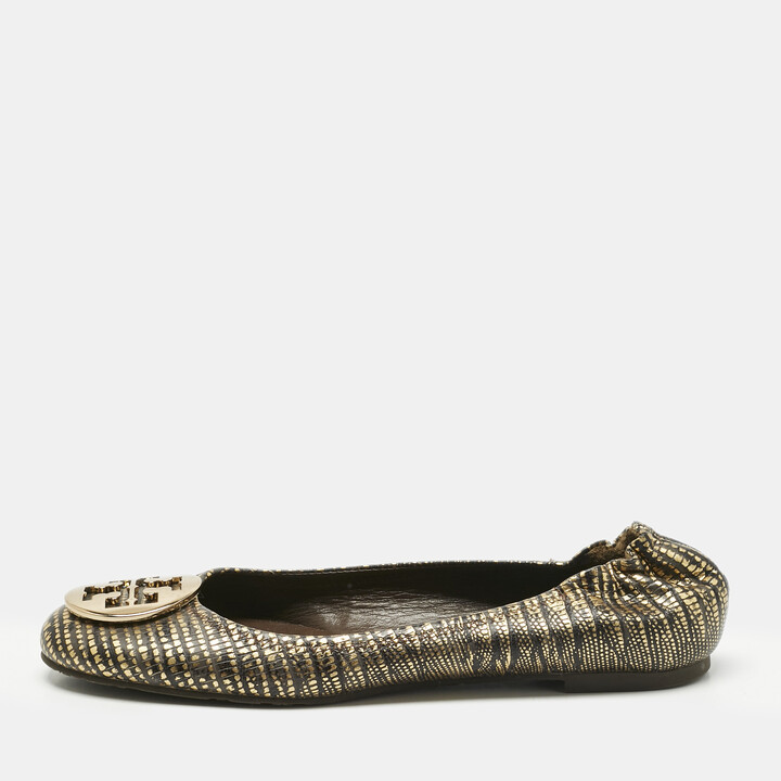 Tory Burch Gold/Dark Brown Lizard Embossed Leather Minnie Ballet Flats Size 39