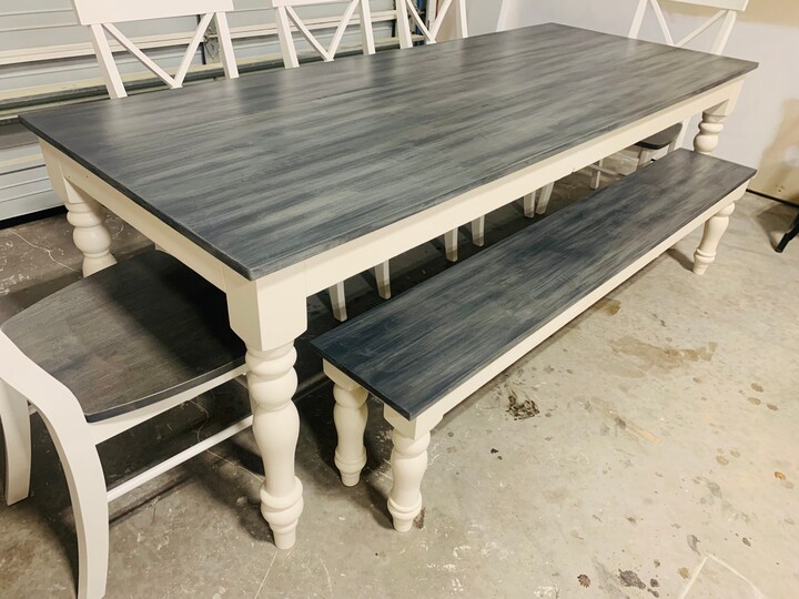 Rustic Farmhouse Dining Table Set Turned Leg, Carbon Gray Whitewash Top