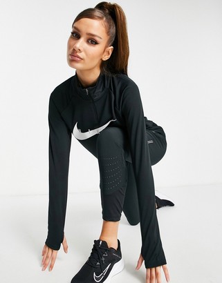 nike running swoosh half zip top in black
