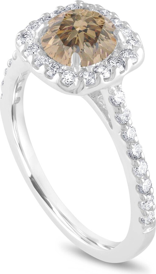 Etsy Champagne Diamond Halo Bridal Ring 1.58 Carat 14K White Gold Handmade