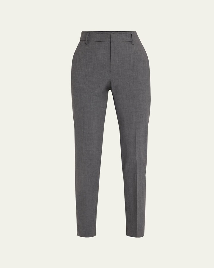 Brunello Cucinelli Slim Cigarette Tropical Luxury Wool Pants with Split Hem Back