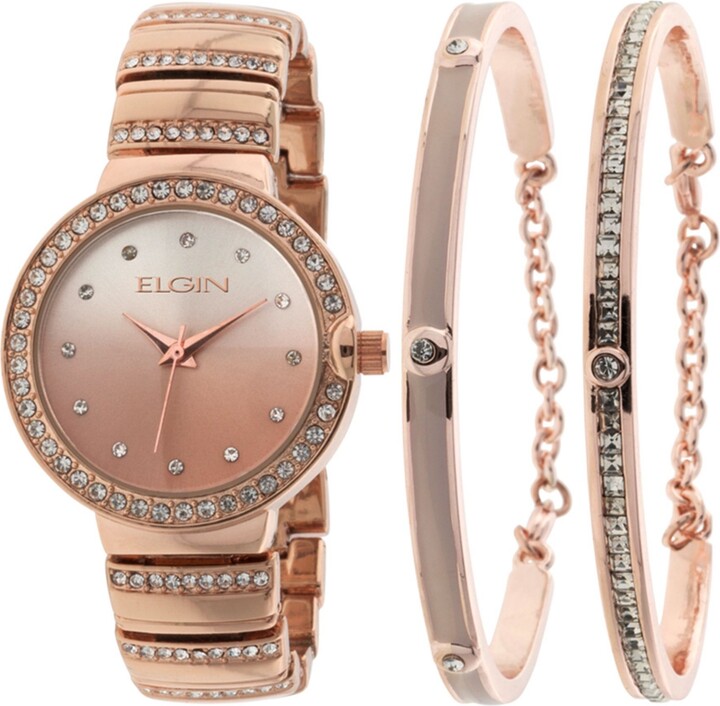 Elgin Women's 3 Piece Rose Gold-Tone Strap Watch and Bracelet Set -  ShopStyle