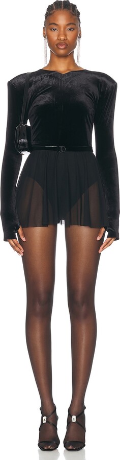 Norma Kamali Long Sleeve Shoulder Pad V Neck Flared Pickleball Dress in Black