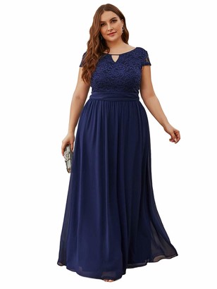 Ever Pretty Ever-Pretty Women's Plus Size Cap Sleeves Round Neck Lace A-Line  Empire Waist Floor Length Elegant Evening Dresses Navy Blue 20UK - ShopStyle