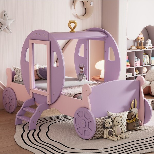 VASIPTwinsizePrincessCarriageBedwithCrownWoodPlatformCarBedwithStairPurple+Pink