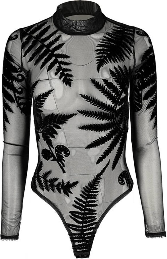 Restyle Forest Witch Bodysuit Gothic Mesh Velvet Leaf Black Sheer