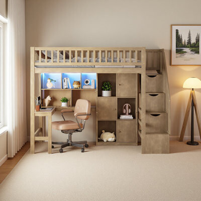 Wood Twin Size Loft Bed With Built-In Desk, LED, Storage Shelves, Cabinets And Staircase