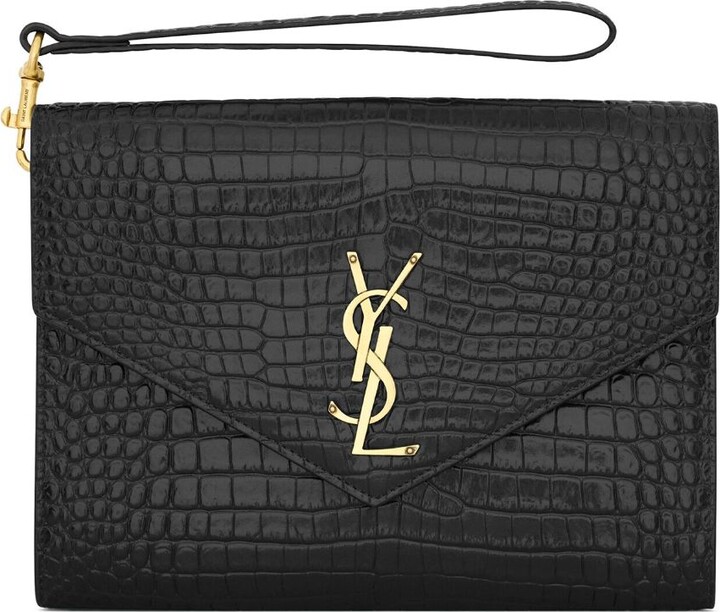 Black Uptown YSL-plaque croc-effect leather clutch bag, Saint Laurent