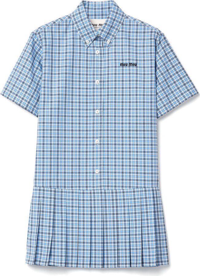 Miu Miu Pleated Checked Poplin Dress Woman Lightblue / Blue Size 36