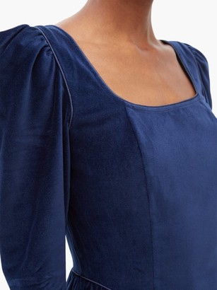 Batsheva Puff-sleeved Square-neckline Velvet Dress - Navy