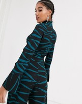Thumbnail for your product : Another Reason high neck crop top with front rouching in teal zebra co-ord