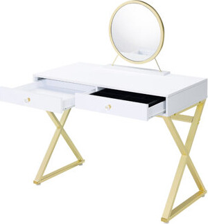 Hokku Designs Vanity Desk With Jewelry Tray And Removable Mirror Rectangular Layout White Gold Look Metal Frame 2 Drawers For Bedroom Organization Shape Appear