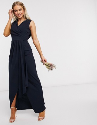 tfnc wrap maxi bridesmaid dress with tie detail and puff sleeves