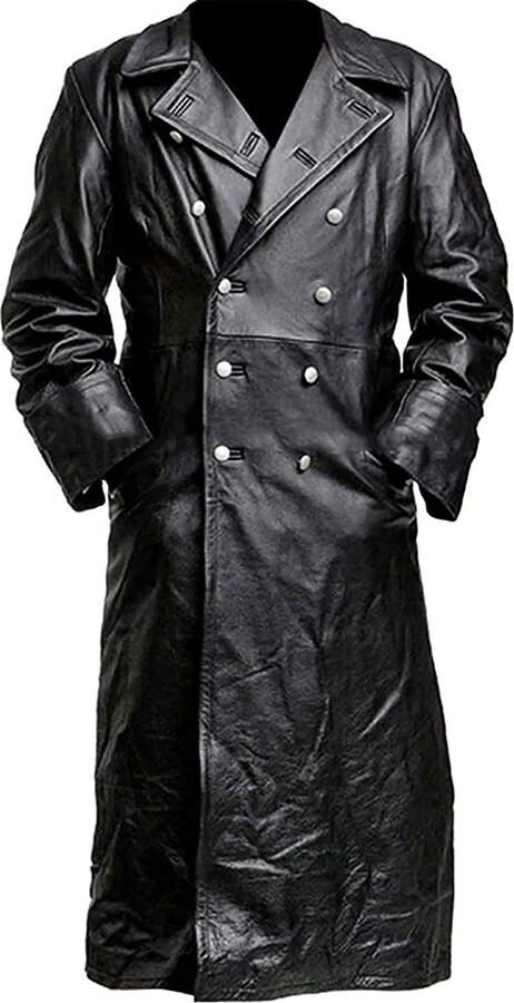 sujinxiu Mens Leather Trench Coat German Classic Military Officer Black  Trench Coat Uniform for Winter - ShopStyle