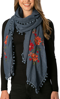 Pure Style Girlfriends Blue Floral Embroidered Pom-Pom Scarf