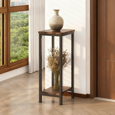 17 Stories 2-Pack Modern Plant Stand Indoor 2-Tier Square Corner Plant Shelf With Rustic Woodgrain Finish For Living Room Balcony Patio And Garden Decor