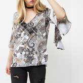 Thumbnail for your product : River Island Womens Brown paisley ruffle sleeve tie back top