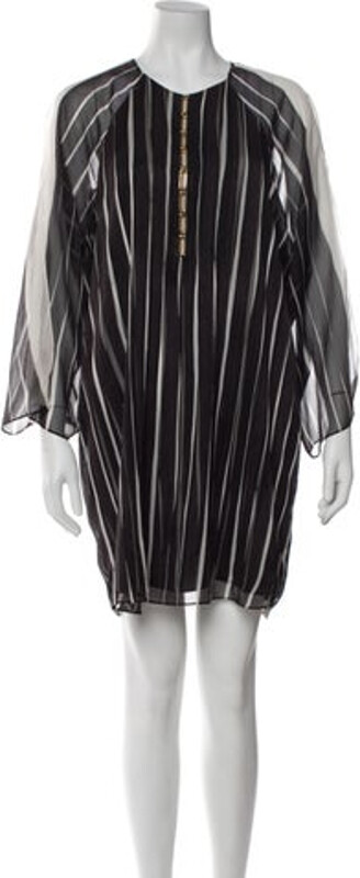 Halston Heritage Shift Dress Black Striped Beaded Accents Long Sleeve with Crew Neck Button Closure at Back Designer