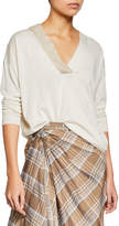 Thumbnail for your product : Brunello Cucinelli V-Neck Monili-Beaded Cashmere-Silk Tee