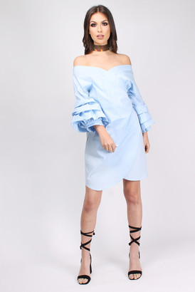 Rare Blue Frill Sleeve Wrap Shirt Dress