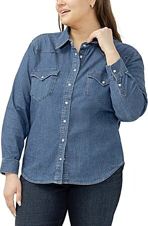 Silver Jeans Co. Plus Size Point Collar Long Sleeve Snap Front Button Denim Shirt
