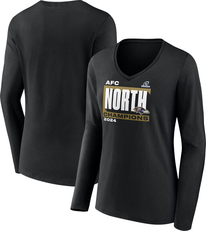 Women's Fanatics Black Baltimore Ravens 2024 AFC North Division Champions Conquer Long Sleeve V-Neck T-Shirt