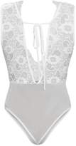 Thumbnail for your product : PrettyLittleThing White Lace Frill Mesh Plunge Thong Bodysuit
