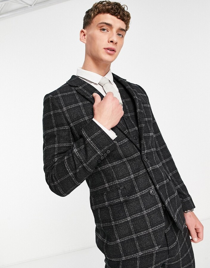 ASOS DESIGN super skinny wool mix suit jacket in black and charcoal  windowpane plaid - ShopStyle
