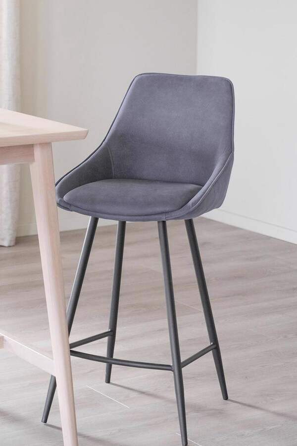 FWStyle Pair Of Grey Velvet Padded Bar Stools With Black Metal Legs